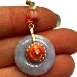 Lavender Jade, Natural Coral Diamond and Pearl 14K Yellow Gold Pendant